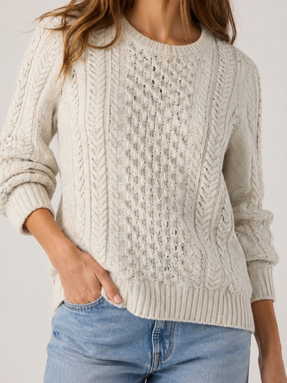 J.Crew Womens Small Wool Chunky Cable Knit Fisherman Sweater Cream Crewneck